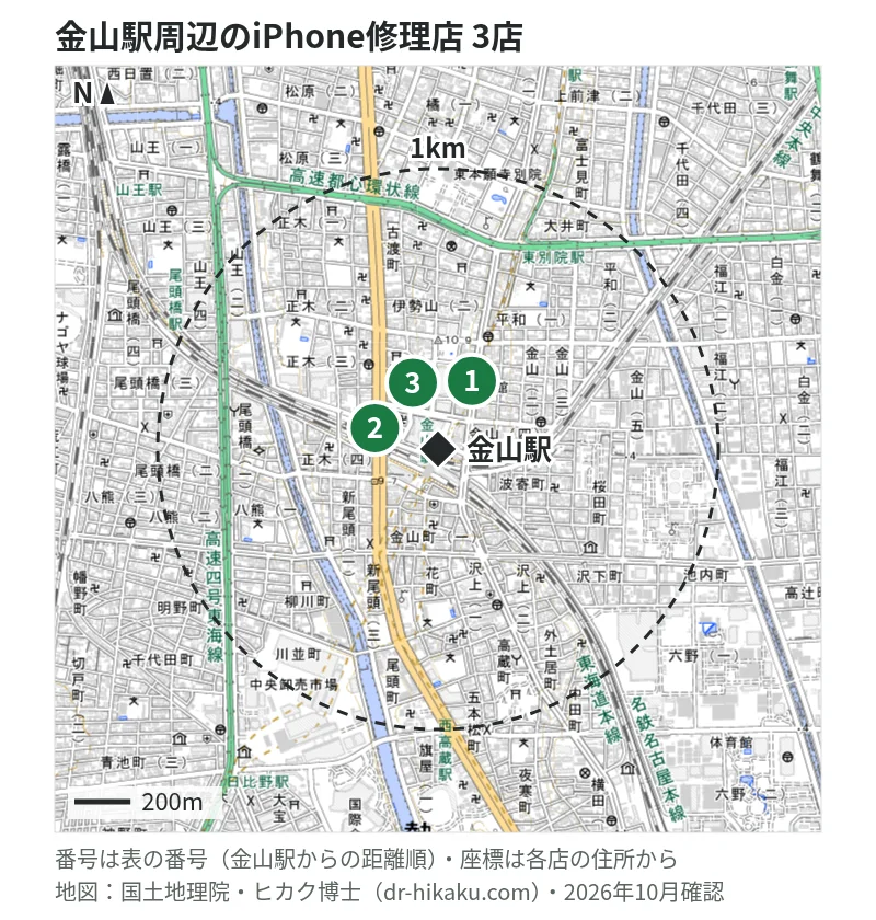 金山駅周辺（1km以内）のiPhone修理店 3店の位置図（番号は金山駅からの距離順）：1 モバイル修理救急便 名古屋金山駅前店 97m、2 スマホスピタル 名古屋金山店 112m、3 iphone直します.com 金山駅前店 178m