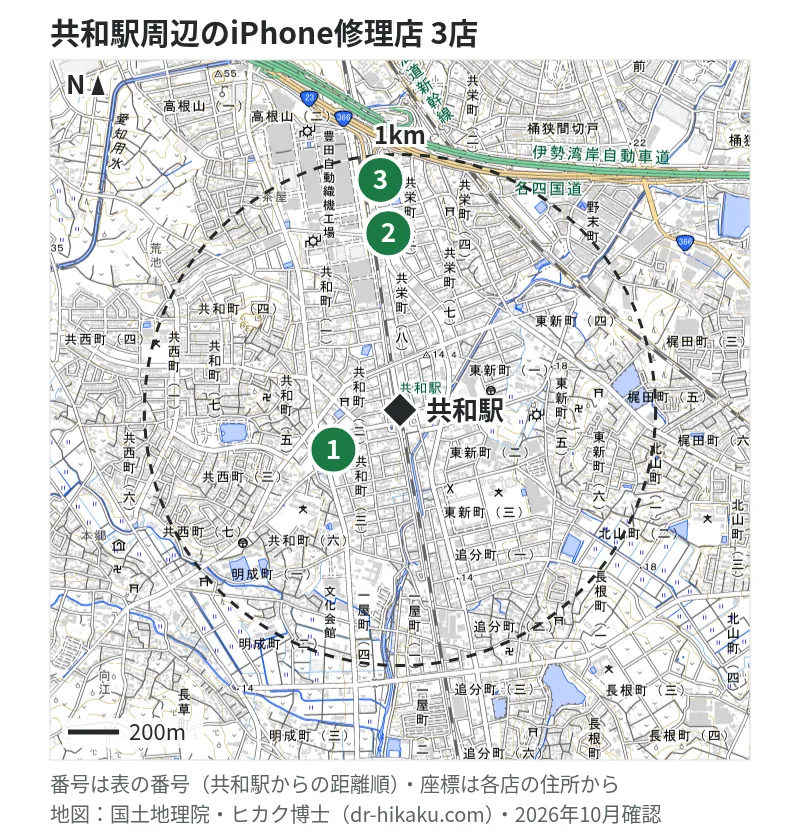 共和駅周辺（1km以内）のiPhone修理店 3店の位置図（番号は共和駅からの距離順）：1 iPhone修理アイサポ 大府店 303m、2 スマホスピタル 大府 737m、3 アットフォン 大府店 857m