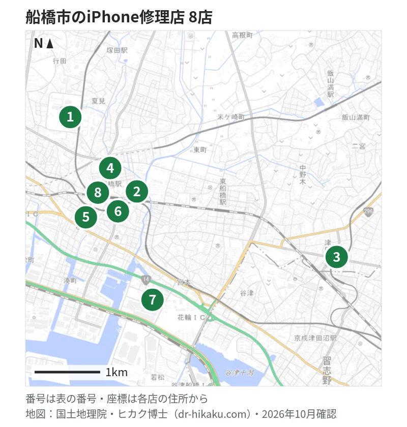 船橋市のiPhone修理店 8店の位置図：1 スマプラ イオンモール船橋店、2 スマホ修理ジャパン 船橋店、3 iPhone修理のクイック 千葉津田沼店、4 iCrackedStore イトーヨーカドー船橋、5 スマホ修理工房 船橋店、6 スマホスピタル 船橋FACE店、7 ノジマ ららぽーとTOKYO-BAY店、8 モバイル修理救急便 東武百貨店船橋店
