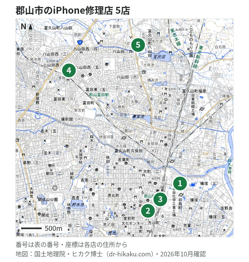 郡山市のiPhone修理店 5店の位置図：1 スマホBuyerJapan ドン・キホーテ郡山駅東店、2 アイコール、3 スマホ修理SHOP エスパル郡山店、4 iPhone修理アイサポ 郡山八山田店、5 iPhone修理アイサポ 富久山店