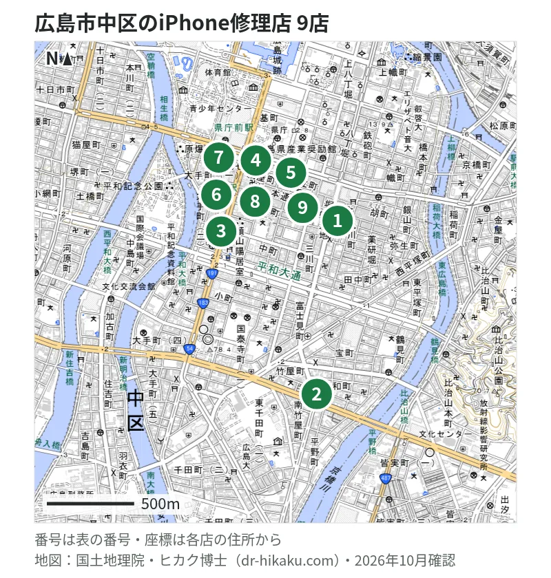 広島市中区のiPhone修理店 9店の位置図：1 スマホ修理工房 広島パルコ店、2 PC再生工房 広島店、3 じゃんぱら 広島店、4 ミスター・アイフィクス、5 Fast&Fix Fast&Fix、6 iPhone修理アイサポ 広島本通店、7 iCrackedStore 広島シャレオ、8 じゃんぱら 広島本通店、9 スマップル 広島店