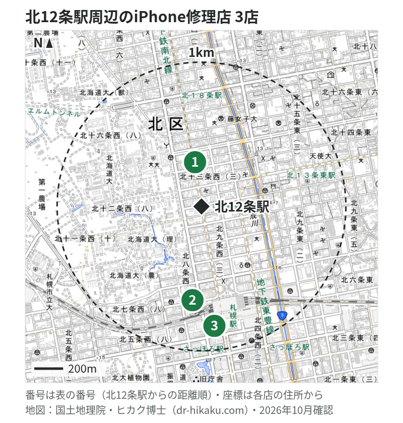 北12条駅周辺（1km以内）のiPhone修理店 3店の位置図（番号は北12条駅からの距離順）：1 McDoctor 310m、2 スマップル 札幌駅店 652m、3 スマホスピタル 大丸札幌店 831m
