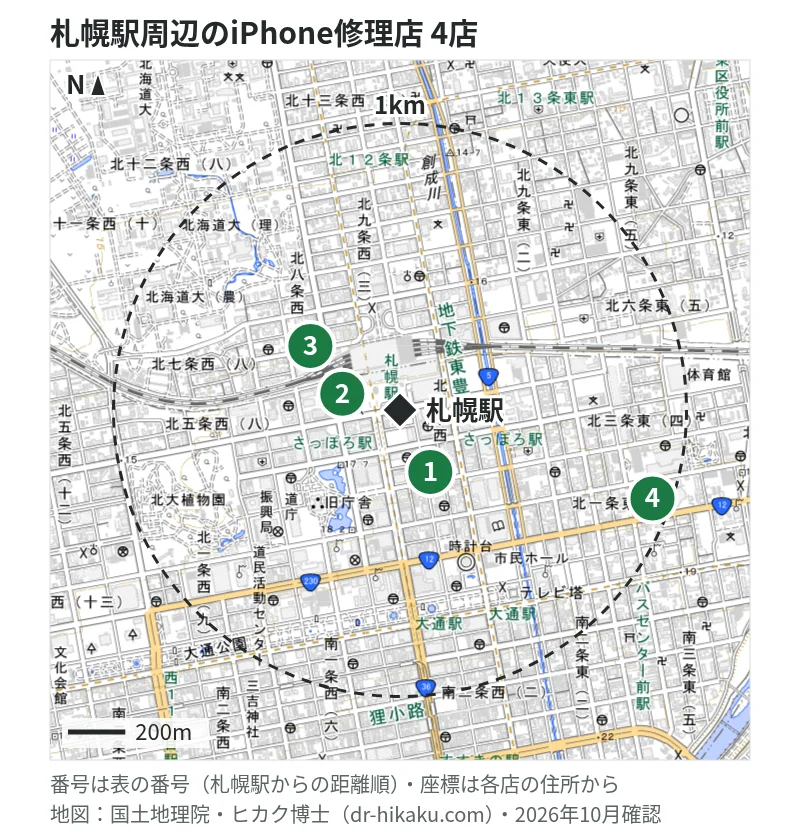 札幌駅周辺（1km以内）のiPhone修理店 4店の位置図（番号は札幌駅からの距離順）：1 モバイル修理救急便 東急百貨店さっぽろ店 74m、2 スマホスピタル 大丸札幌店 142m、3 スマップル 札幌駅店 203m、4 スマホ修理SHOP サッポロファクトリー店 733m