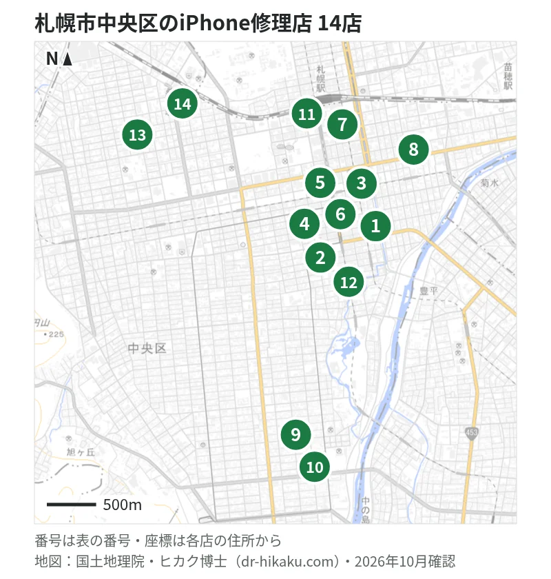 札幌市中央区のiPhone修理店 14店の位置図：1 じゃんぱら 札幌南2条店、2 ガレージ99 札幌店、3 iCrackedStore 札幌、4 スマホ修理工房 札幌店、5 スマホファクトリー 札幌四丁目店、6 モバイル修理救急便 札幌大通ナナイロ店、7 モバイル修理救急便 東急百貨店さっぽろ店、8 スマホ修理SHOP サッポロファクトリー店、9 スマホ修理SHOP 札幌山鼻店、10 iPhone修理アイサポ 札幌中央店、11 スマホスピタル 大丸札幌店、12 アップル工房 札幌すすきの店、13 スマホなおし太郎 札幌店、14 スマートクリア イオン札幌桑園店