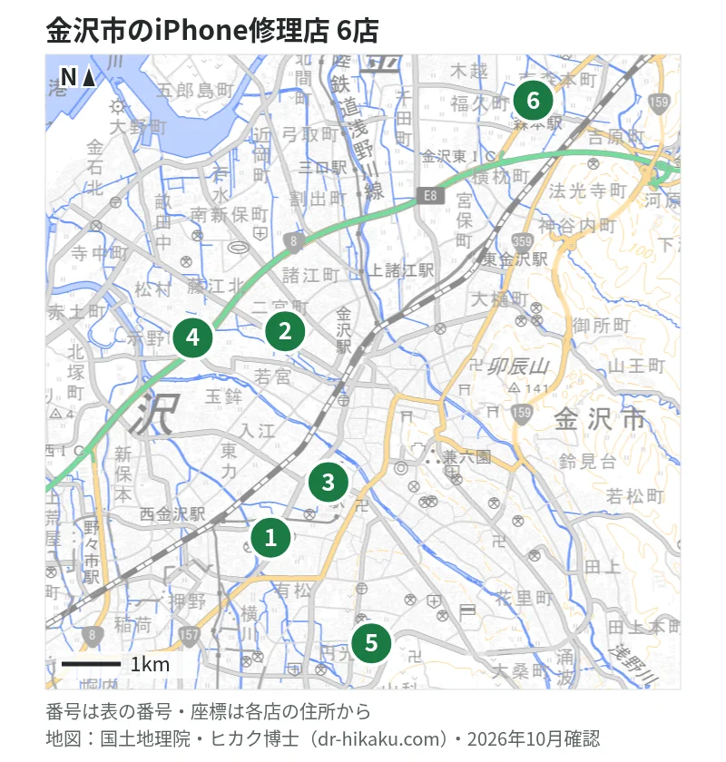 金沢市のiPhone修理店 6店の位置図：1 あいプロ 金沢店、2 iFC 金沢店、3 スマホ修理SHOP アピタ金沢店、4 iCrackedStore イオンタウン金沢示野、5 スマップル 金沢店、6 REVERSE REPAIR イオン金沢店