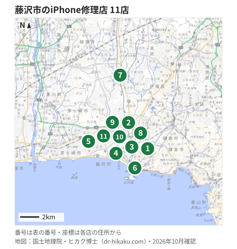 藤沢市のiPhone修理店 11店の位置図：1 スマホ修理工房 藤沢OPA店、2 スマホスピタル 藤沢店、3 スマホ修理のクイック 藤沢店、4 カメラのキタムラ Apple製品修理サービス藤沢・湘南T-SITE店、5 スマホ修理工房 テラスモール湘南店(スマホ修理工房内)、6 iPhone修理屋 江ノ島店、7 スマホクリニック 藤沢湘南台店、8 モバイル修理救急便 藤沢ODAKYU湘南GATE店、9 スマプラ 湘南モールフィル店、10 ノジマ 藤沢店、11 ノジマ テラスモール湘南店