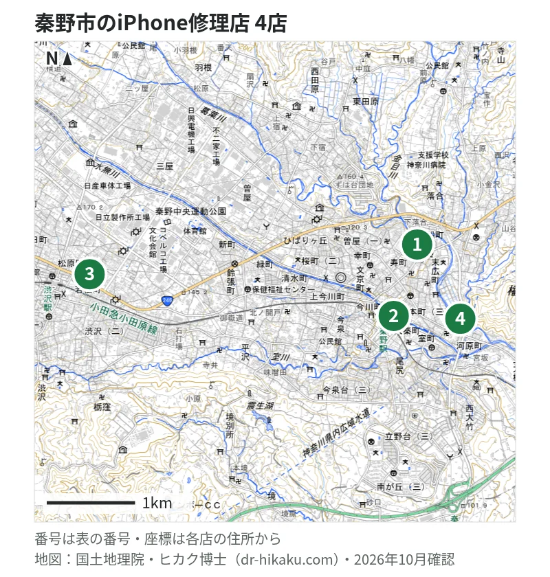 秦野市のiPhone修理店 4店の位置図：1 スマホなおし太郎 秦野入船店、2 アリマス本舗 秦野店、3 iCrackedStore 渋沢、4 ノジマ 秦野店