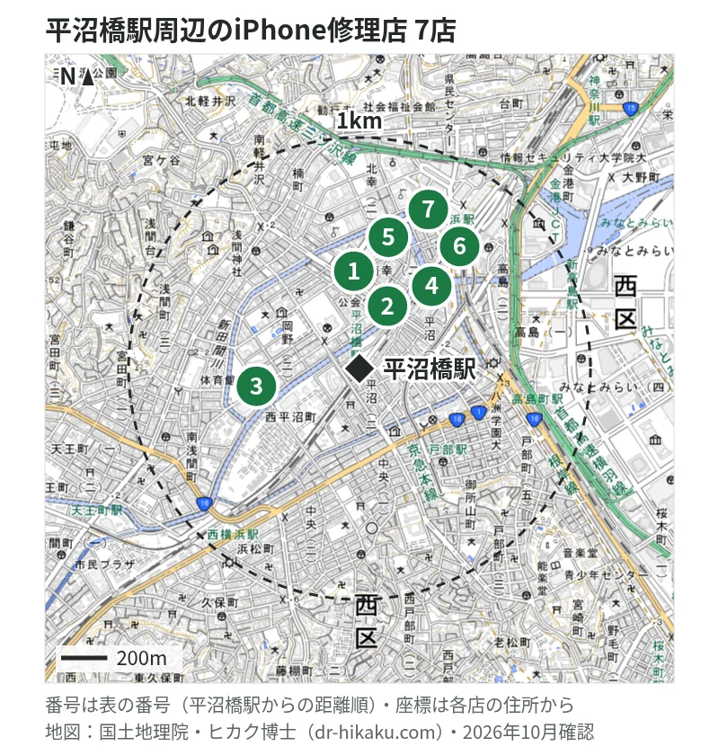 平沼橋駅周辺（1km以内）のiPhone修理店 7店の位置図（番号は平沼橋駅からの距離順）：1 ダイワンテレコム 横浜西口店 389m、2 スマホ修理のクイック 横浜西口店 389m、3 ノジマ 横浜岡野店 452m、4 じゃんぱら 横浜店 542m、5 スマホ修理工房 横浜ビブレ店 546m、6 モバイル修理救急便 横浜西口店 590m、7 スマホスピタル 横浜駅前店 676m