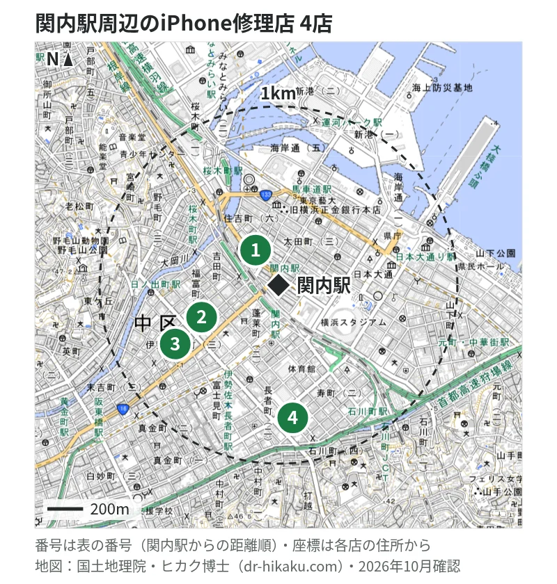 関内駅周辺（1km以内）のiPhone修理店 4店の位置図（番号は関内駅からの距離順）：1 スマホスピタル 横浜関内店 124m、2 アリマス本舗 伊勢佐木モール店 453m、3 スマホ修理工房 横浜関内店 594m、4 iPhone修理アイサポ 伊勢佐木長者町店 629m