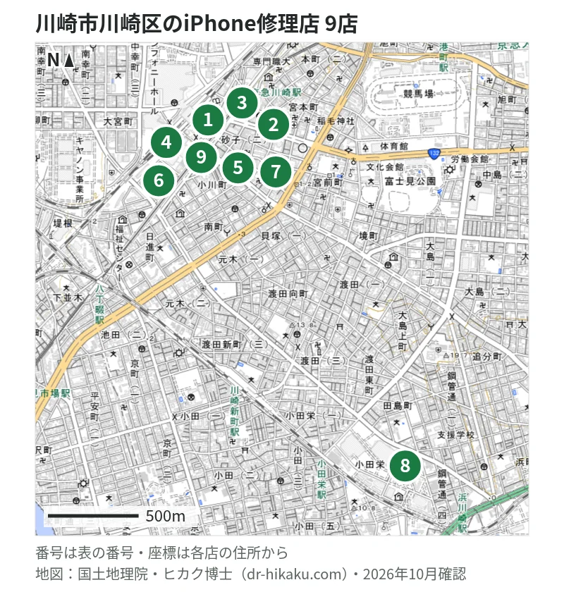 川崎市川崎区のiPhone修理店 9店の位置図：1 スマップル 川崎店、2 じゃんぱら 川崎店、3 iPhone修理アイサポ 川崎店、4 スマホ修理工房 川崎日航店、5 リンゴ屋 川崎店、6 iCrackedStore 川崎ルフロン、7 スマホシェルジュ 神奈川 川崎店、8 ノジマ 川崎小田栄店、9 モバイル修理救急便 川崎アゼリア店