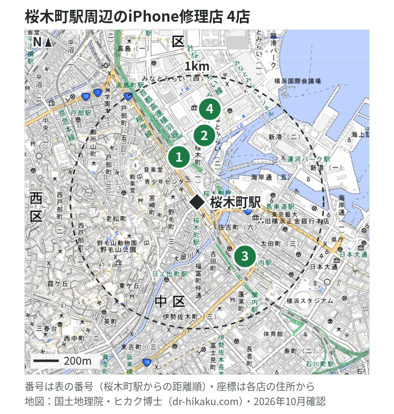 桜木町駅周辺（1km以内）のiPhone修理店 4店の位置図（番号は桜木町駅からの距離順）：1 スマホ修理工房 みなとみらいコレットマーレ店 312m、2 iCrackedStore 横浜ランドマークタワー 447m、3 スマホスピタル 横浜関内店 518m、4 ノジマ MARK IS みなとみらい店 658m