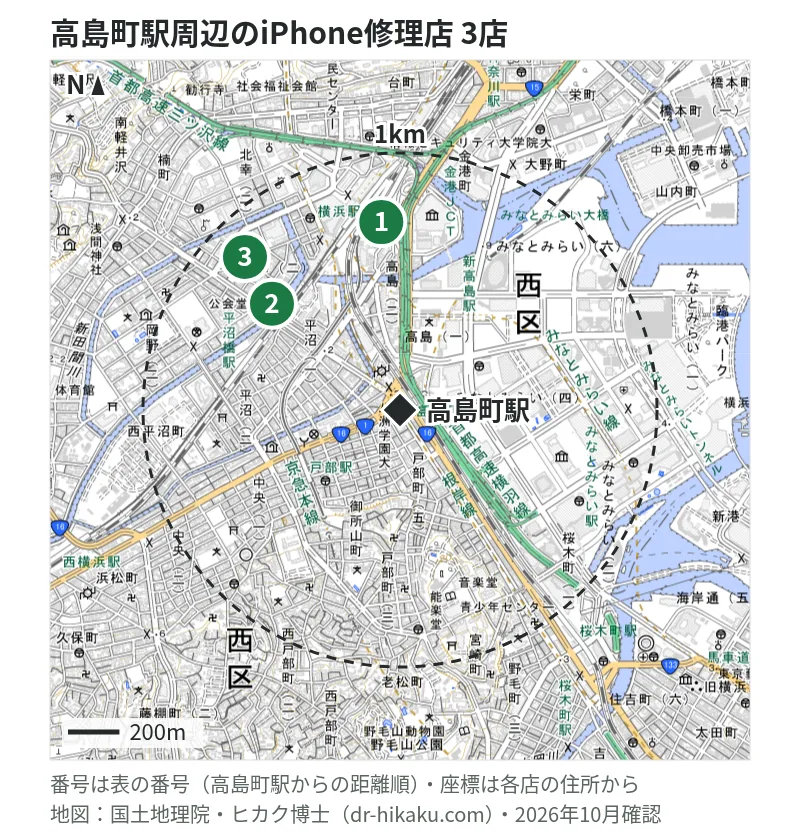 高島町駅周辺（1km以内）のiPhone修理店 3店の位置図（番号は高島町駅からの距離順）：1 iPhone修理屋 横浜店 734m、2 ダイワンテレコム 横浜西口店 746m、3 スマホ修理のクイック 横浜西口店 746m