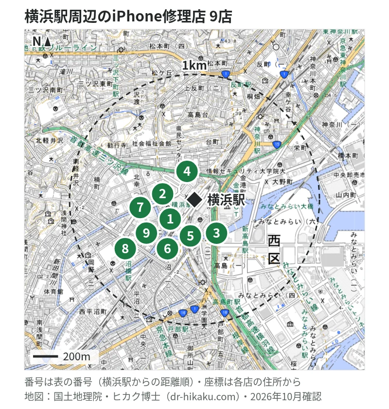 横浜駅周辺（1km以内）のiPhone修理店 9店の位置図（番号は横浜駅からの距離順）：1 モバイル修理救急便 横浜ポルタ店（東口） 31m、2 スマホスピタル 横浜駅前店 34m、3 iPhone修理屋 横浜店 64m、4 モバイアス 横浜店 126m、5 モバイル修理救急便 横浜西口店 132m、6 じゃんぱら 横浜店 173m、7 スマホ修理工房 横浜ビブレ店 227m、8 ダイワンテレコム 横浜西口店 336m、9 スマホ修理のクイック 横浜西口店 336m