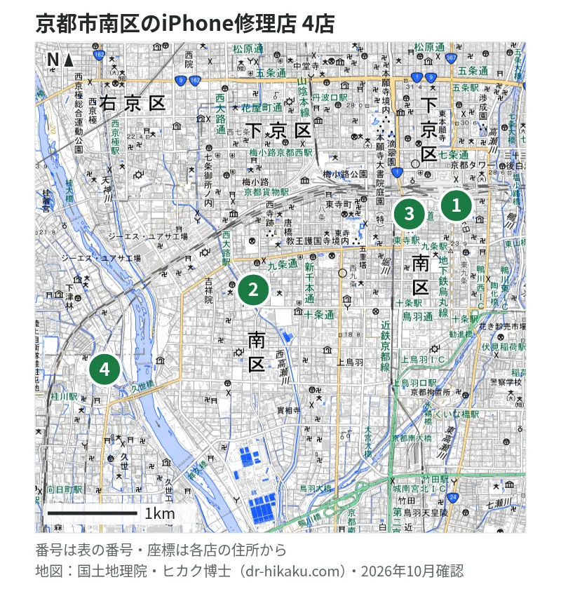 京都市南区のiPhone修理店 4店の位置図：1 アイプラス 京都アバンティ店、2 キャプテンスマホ イオン洛南店、3 スマートクール イオンモールKYOTO店、4 スマホリペアプラス 桂南店