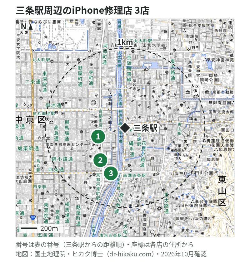 三条駅周辺（1km以内）のiPhone修理店 3店の位置図（番号は三条駅からの距離順）：1 iCrackedStore 京都ロフト店 353m、2 アイプラス 河原町オーパ(OPA)店 517m、3 スマホスピタル 京都河原町 581m