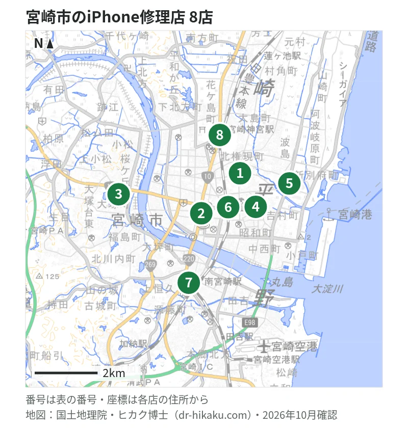 宮崎市のiPhone修理店 8店の位置図：1 RiP 宮崎店、2 スマップル 宮崎店、3 たぬphone、4 スマホ修理工房 宮崎店、5 カメラのキタムラ Apple製品修理サービス宮崎・イオンモール宮崎店、6 スマホ修理のクイック 宮崎店、7 iCrackedStore 宮交シティ、8 スマホ修理ABC 宮崎神宮駅前店