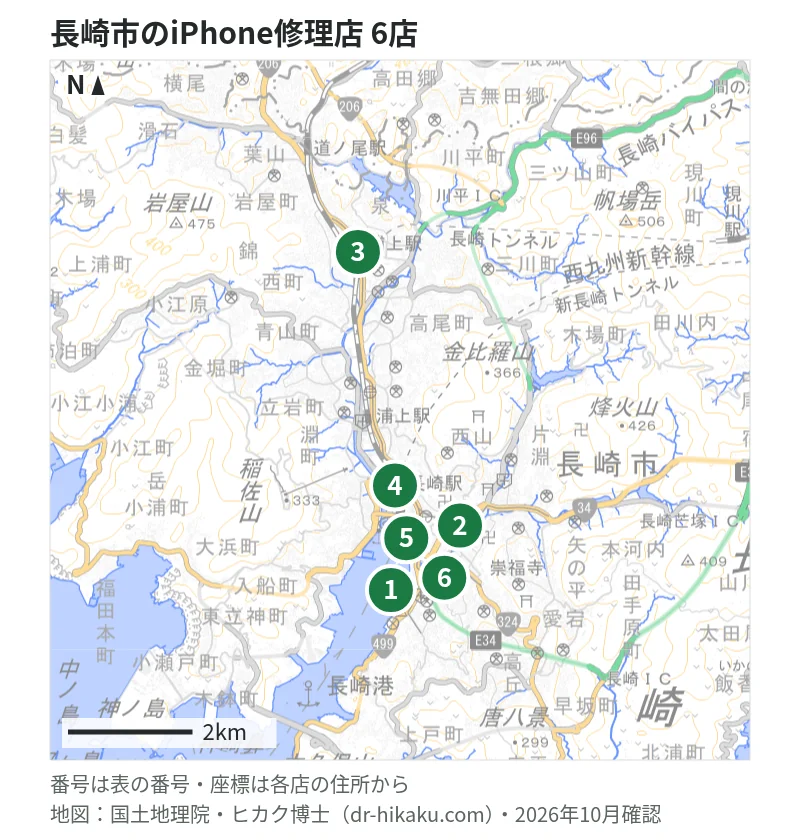 長崎市のiPhone修理店 6店の位置図：1 KAZUKI 大波止店、2 iPhone修理アイサポ 長崎店、3 iPhone修理アイサポ 長崎チトセピア店、4 スマホクリニック 長崎駅店、5 スマートクール ゆめタウン夢彩都店、6 スマホリペア 長崎浜町店