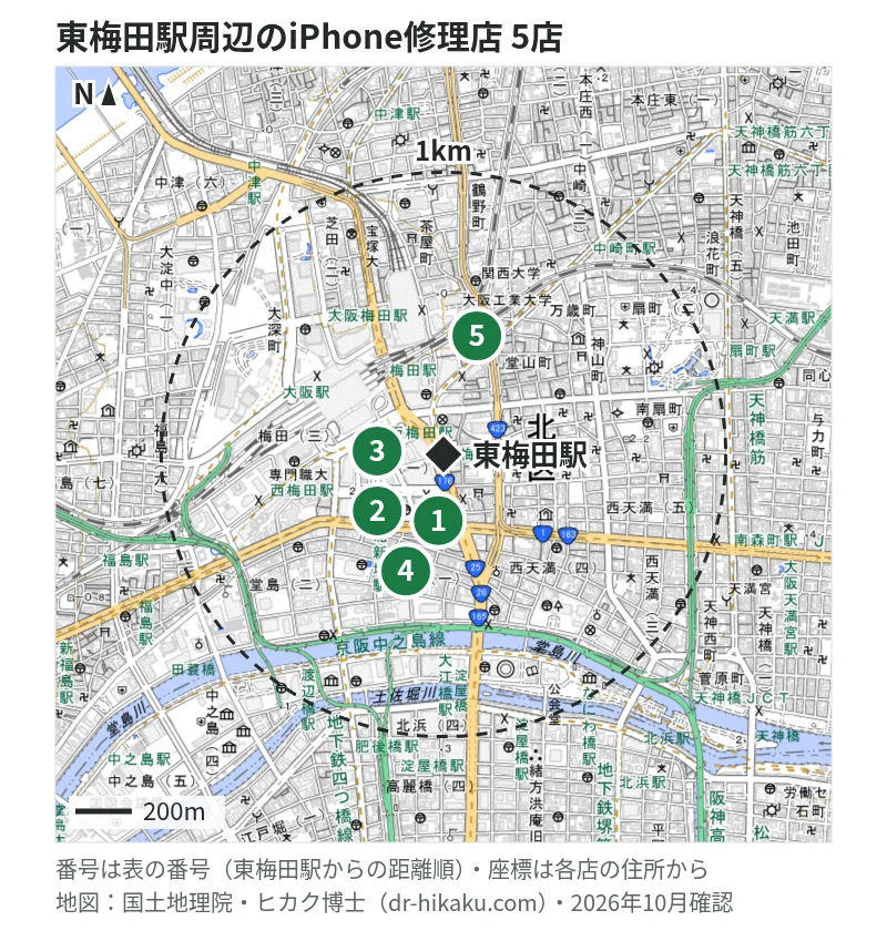 東梅田駅周辺（1km以内）のiPhone修理店 5店の位置図（番号は東梅田駅からの距離順）：1 モバイル修理救急便 大阪駅前第4ビル店 119m、2 スマートまっくす 大阪梅田店 122m、3 スマホ修理工房 ディアモール大阪店 201m、4 じゃんぱら 大阪堂島店 375m、5 SmaphoBox 大阪梅田本店 436m