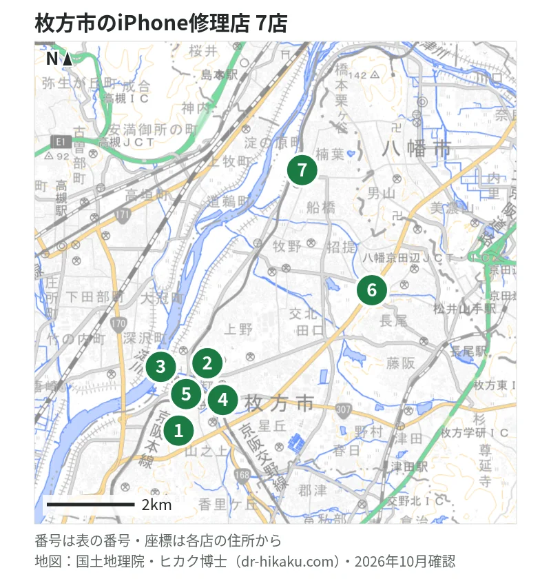 枚方市のiPhone修理店 7店の位置図：1 SmaphoBox 枚方店、2 スマートリペア 枚方市駅前店、3 スマホスピタル ビオルネ枚方店、4 iPhone修理アイサポ 枚方店、5 iCrackedStore 枚方ビオルネ、6 スマートクール ニトリモール枚方店、7 スマホスピタル くずはモール店