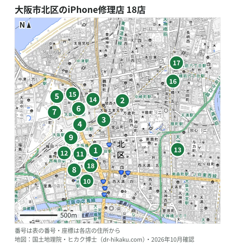 大阪市北区のiPhone修理店 18店の位置図：1 スマートまっくす 大阪梅田店、2 i-charm 梅田本店、3 SmaphoBox 大阪梅田本店、4 スマホスピタル 大阪梅田店、5 スマフォドクター 梅田店(SmaphoCustom大阪梅田店)、6 スマホ修理王 大阪梅田店、7 iCrackedStore グランフロント大阪、8 ダイワンテレコム 梅田店、9 モバイル修理救急便 大丸梅田店、10 じゃんぱら 大阪堂島店、11 スマホ修理工房 ディアモール大阪店、12 スマホスピタル by デジホ 梅田地下（うめちか）、13 Glasscoo 天神橋三丁目店、14 スマホクリニック ホワイティうめだ店、15 スマホ修理 まえはま 梅田店、16 すまほ屋天神橋、17 スマートクリア 天神橋筋六丁目駅前店、18 モバイル修理救急便 大阪駅前第4ビル店