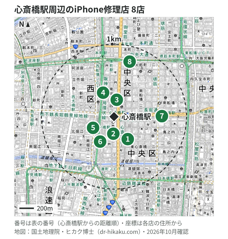 心斎橋駅周辺（1km以内）のiPhone修理店 8店の位置図（番号は心斎橋駅からの距離順）：1 iCrackedStore ハンズ心斎橋 97m、2 スマホ修理王 大阪心斎橋店 193m、3 スマホ修理工房 心斎橋店 202m、4 スマートクール クリスタ長堀 250m、5 アイケアラボ 心斎橋店 286m、6 モバイル修理救急便 心斎橋店 299m、7 iPhone修理アイサポ 心斎橋店 314m、8 SmileFix 756m
