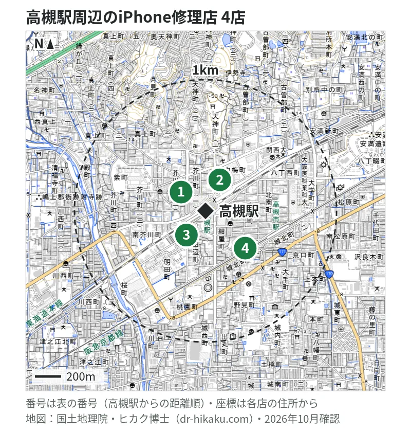 高槻駅周辺（1km以内）のiPhone修理店 4店の位置図（番号は高槻駅からの距離順）：1 テレスマ アル・プラザ高槻店 98m、2 アイプラス 高槻グリーンプラザ店 175m、3 スマホ修理工房 高槻店 189m、4 フジ・ジャパン 高槻町本店 326m
