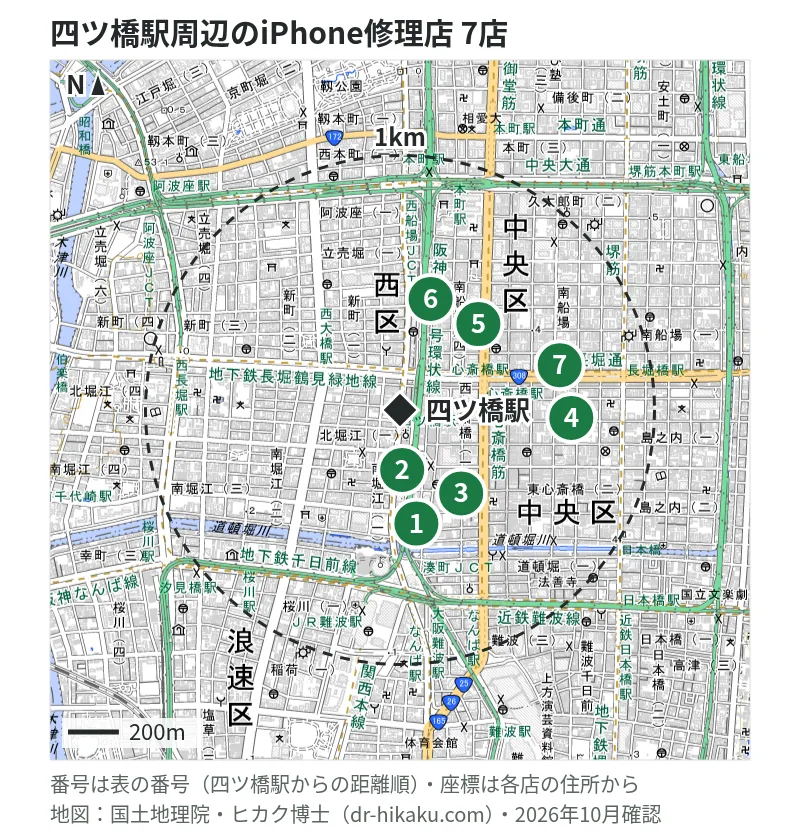 四ツ橋駅周辺（1km以内）のiPhone修理店 7店の位置図（番号は四ツ橋駅からの距離順）：1 アイケアラボ 心斎橋店 153m、2 モバイル修理救急便 心斎橋店 168m、3 スマホ修理王 大阪心斎橋店 290m、4 iCrackedStore ハンズ心斎橋 418m、5 スマホ修理工房 心斎橋店 438m、6 スマートクール クリスタ長堀 440m、7 iPhone修理アイサポ 心斎橋店 647m