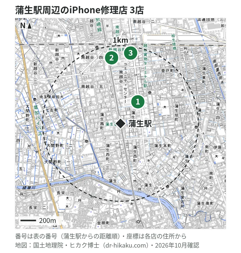 蒲生駅周辺（1km以内）のiPhone修理店 3店の位置図（番号は蒲生駅からの距離順）：1 スマホスピタル テルル蒲生 264m、2 スマホスピタル テルル新越谷 851m、3 iCrackedStore 南越谷 914m
