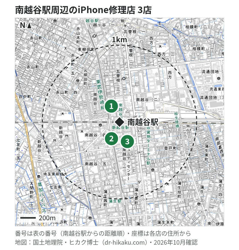 南越谷駅周辺（1km以内）のiPhone修理店 3店の位置図（番号は南越谷駅からの距離順）：1 MobileRepair 越谷店 112m、2 スマホスピタル テルル新越谷 184m、3 iCrackedStore 南越谷 218m