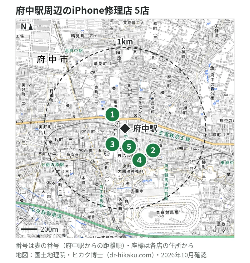 府中駅周辺（1km以内）のiPhone修理店 5店の位置図（番号は府中駅からの距離順）：1 スマホ修理工房 京王アートマン府中店 41m、2 モバイル修理救急便 府中くるる店 91m、3 iCrackedStore 府中 143m、4 じゃんぱら 府中ル・シーニュ店 163m、5 iPhone修理アイサポ 武蔵府中ル・シーニュ店 163m