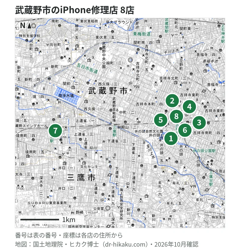 武蔵野市のiPhone修理店 8店の位置図：1 iPhone修理屋 吉祥寺店、2 GENIE(ジーニー) 吉祥寺店、3 じゃんぱら 吉祥寺店、4 AppleJuice吉祥寺店、5 スマホ修理王 キチジョウジテン、6 スマホ修理工房 吉祥寺店、7 iCrackedStore イトーヨーカドー武蔵境、8 モバイル修理救急便 アトレ吉祥寺店