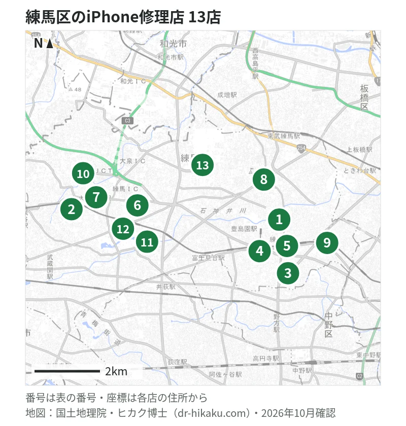 練馬区のiPhone修理店 13店の位置図：1 スマホ修理のクイック 練馬店、2 iPhoneお直し本舗 大泉学園店、3 iPhoneお直し本舗 練馬店、4 スマホスピタル 練馬、5 iPhone修理アイサポ 西友練馬店、6 iPhone修理アイサポ 石神井公園ピアレス店、7 iPhone修理アイサポ 大泉学園店、8 iPhone修理アイサポ 練馬春日町店、9 スマホ修理工房 江古田店、10 スマホ修理工房 大泉学園店、11 RepairWorld 石神井公園店、12 スマホステーション 練馬石神井公園店、13 iPhone修理アイサポ THE CLOCK HOUSE 光が丘リヴィン店