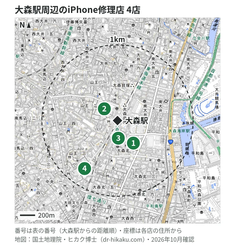 大森駅周辺（1km以内）のiPhone修理店 4店の位置図（番号は大森駅からの距離順）：1 iPhone修理アイサポ THE CLOCK HOUSE around アトレ大森店 32m、2 ダイワンテレコム 大森駅前店 50m、3 スマホ修理センター 大森店 195m、4 スマホスピタル 大森 768m