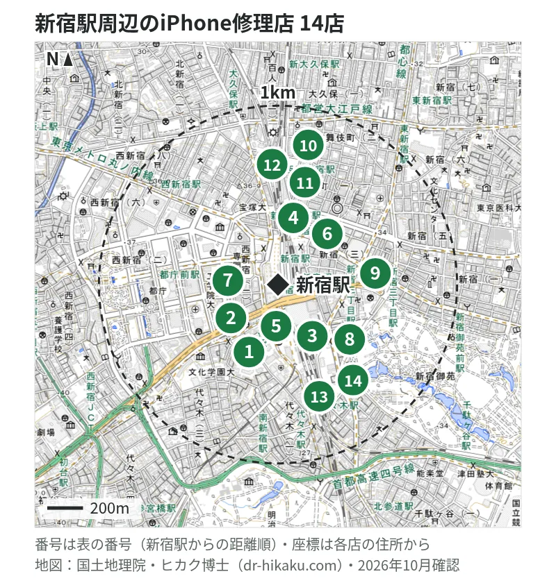 新宿駅周辺（1km以内）のiPhone修理店 14店の位置図（番号は新宿駅からの距離順）：1 モバイル修理救急便 ルミネ新宿店 76m、2 新宿iphone修理センター 144m、3 ダイワンテレコム 新宿本店 145m、4 じゃんぱら 新宿東口店 163m、5 スマホ修理王 新宿店 174m、6 カメラのキタムラ 新宿 北村写真機店 182m、7 じゃんぱら 新宿店 184m、8 iPhone修理アイサポ 新宿本店 188m、9 モバイル修理救急便 新宿東南口店 225m、10 スマホスピタル 新宿店 332m、11 スマホスピタル新宿店 332m、12 スマホ修理工房 新宿PePe店 397m、13 iCrackedStore 新宿 490m、14 ノジマ 新宿タカシマヤタイムズスクエア店 490m