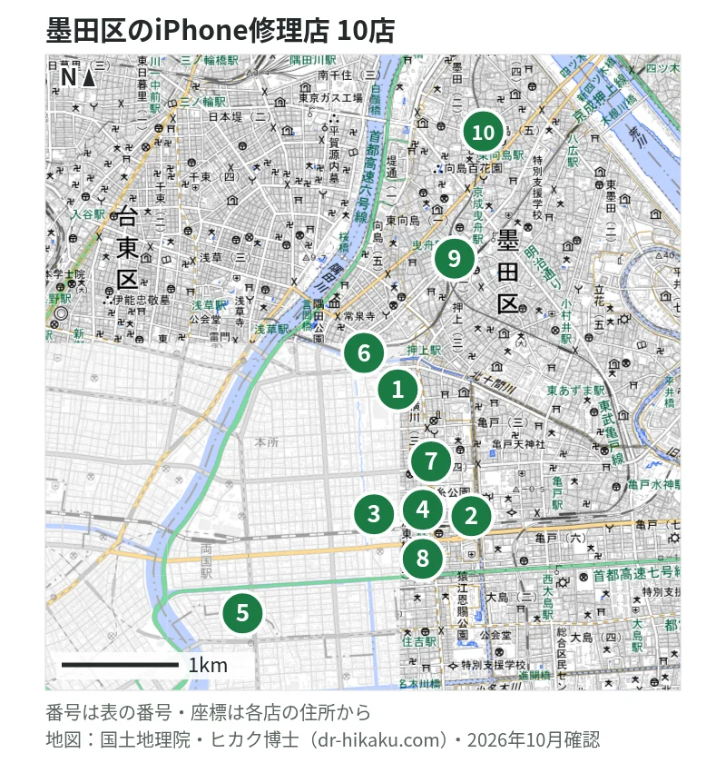 墨田区のiPhone修理店 10店の位置図：1 mobile.com 墨田店、2 アイラブフォン 錦糸町店、3 じゃんぱら 錦糸町北口店、4 モバイル修理救急便 錦糸町駅前店、5 iPhone修理アイサポ 両国森下店、6 iPhone修理アイサポ とうきょうスカイツリー駅前店、7 スマホスピタル オリナス錦糸町店、8 スマホソニック 錦糸町店、9 ノジマ イトーヨーカドー曳舟店、10 スマプロ 東向島店