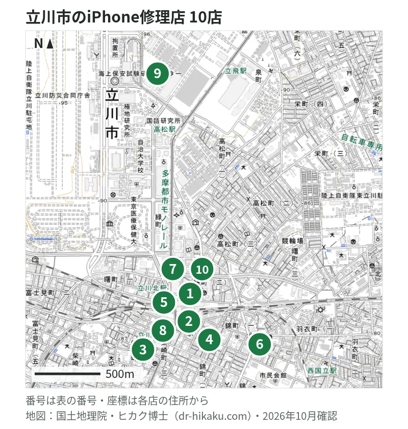 立川市のiPhone修理店 10店の位置図：1 モバイル修理救急便 ルミネ立川店、2 iPhone修理屋 立川店、3 GENIE(ジーニー) 立川店、4 iPhoneDoctor 立川店、5 クイックガレージ 立川、6 りんごLabo 立川店、7 iCrackedStore 立川髙島屋S.C.、8 スマホクリニック 立川店、9 スマートクール ららぽーと立川立飛店、10 じゃんぱら 立川フロム中武店