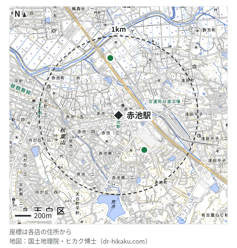赤池駅周辺（1km以内）のiPhone修理店 2店の位置図：スマートクール プライムツリー赤池店 542m、iPhone修理アイサポ R153日進店 724m