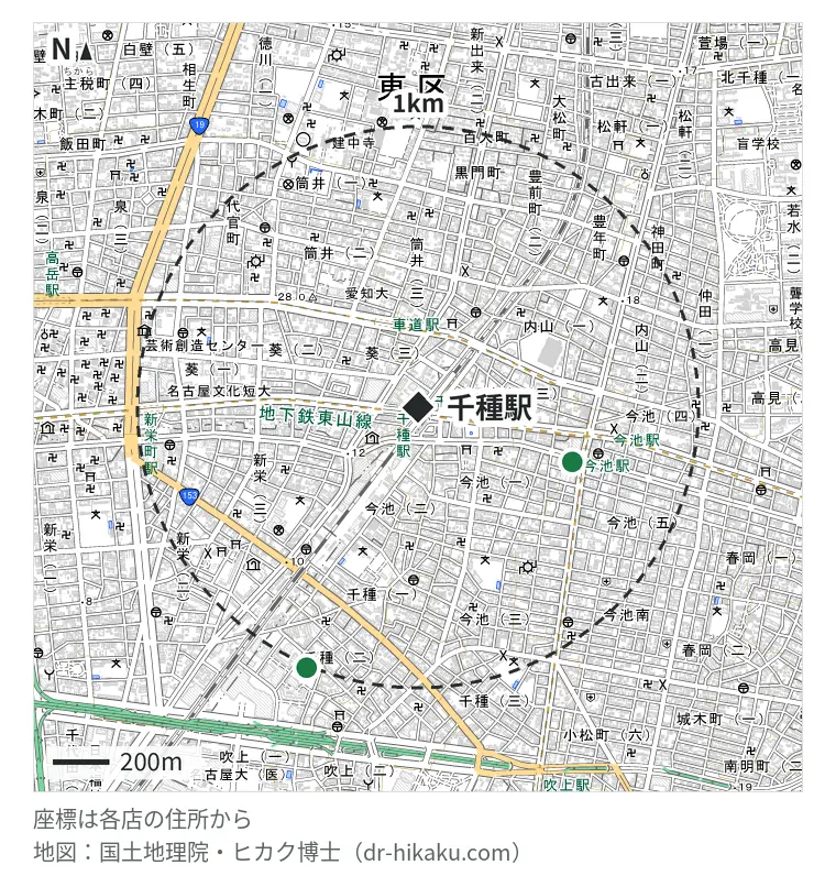 千種駅周辺（1km以内）のiPhone修理店 2店の位置図：ダイワンテレコム 名古屋今池ガスビル店 539m、スマホステーション イオンタウン千種店 972m