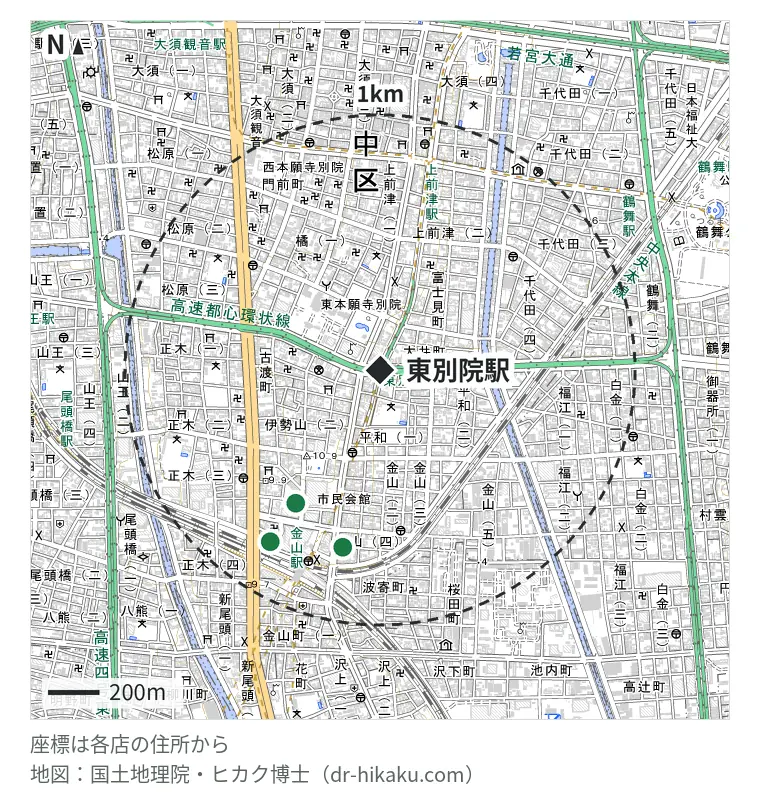 東別院駅周辺(1km以内)のiPhone修理店 3店の位置図:iphone直します.com 金山駅前店 615m、モバイル修理救急便 名古屋金山駅前店 706m、スマホスピタル 名古屋金山店 795m