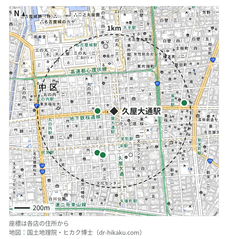 久屋大通駅周辺（1km以内）のiPhone修理店 4店の位置図：iPhoneRepair 名古屋中区店 192m、スマホ修理王 名古屋栄店 566m、モバイル修理救急便 メルサ栄店 573m、iPhone修理アイサポ 名古屋泉店 898m