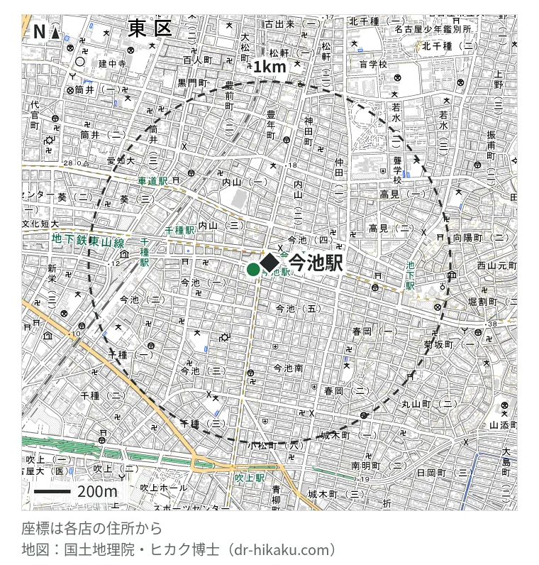 今池駅周辺（1km以内）のiPhone修理店 1店の位置図：ダイワンテレコム 名古屋今池ガスビル店 42m