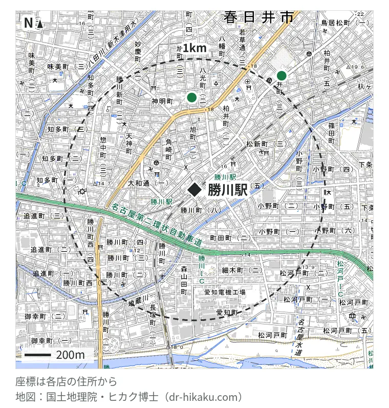勝川駅周辺（1km以内）のiPhone修理店 2店の位置図：iPhone修理アイサポ 勝川店 617m、まちスマ イオン春日井店 924m