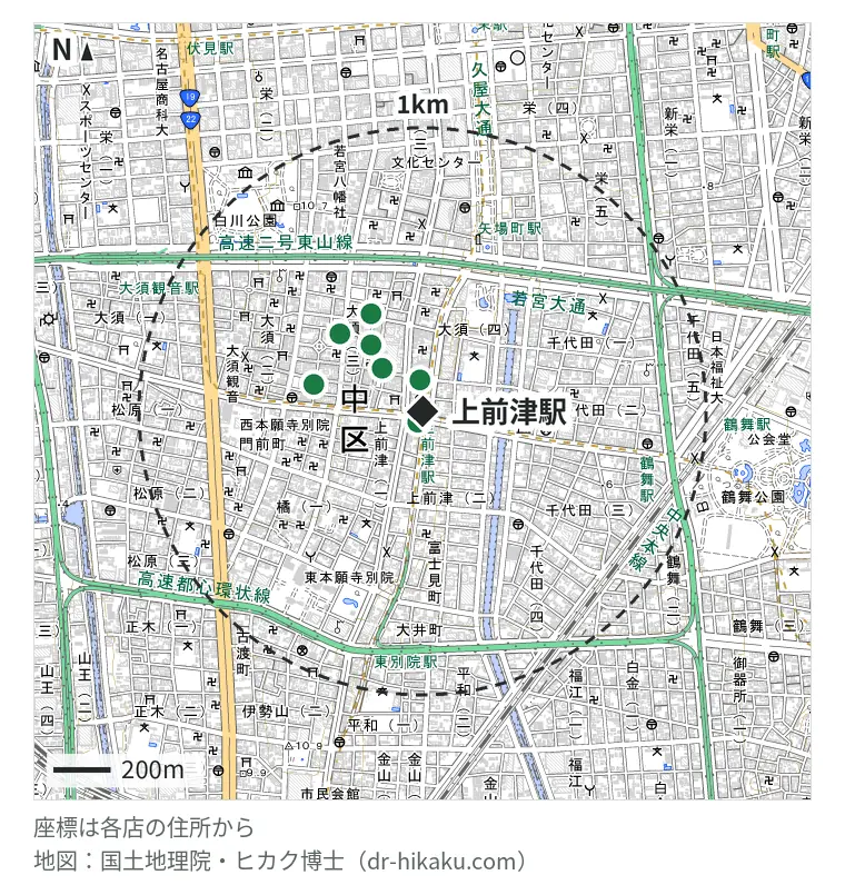 上前津駅周辺（1km以内）のiPhone修理店 7店の位置図：iPhone修理アイサポ 上前津店 24m、ロジックマジック 99m、じゃんぱら 名古屋OSU301店 207m、RiP MOBILELABONAGOYA 294m、スマホ修理王 大須店 380m、じゃんぱら 名古屋大須2号店 382m、じゃんぱら 名古屋大須店 395m