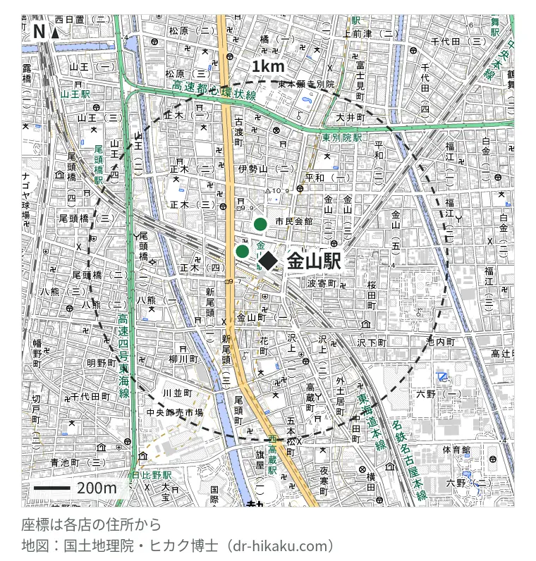 金山駅周辺（1km以内）のiPhone修理店 3店の位置図：モバイル修理救急便 名古屋金山駅前店 97m、スマホスピタル 名古屋金山店 112m、iphone直します.com 金山駅前店 178m
