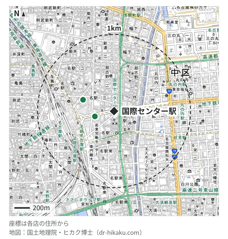 国際センター駅周辺（1km以内）のiPhone修理店 2店の位置図：スマホ修理のクイック 愛知 名古屋店 259m、スマホ修理王 名古屋駅前店 428m