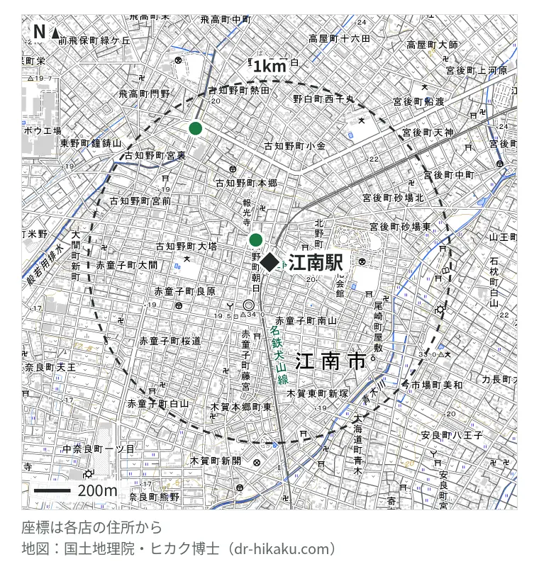 江南駅周辺（1km以内）のiPhone修理店 2店の位置図：iFC Vision江南駅前店 143m、iCrackedStore 江南 840m