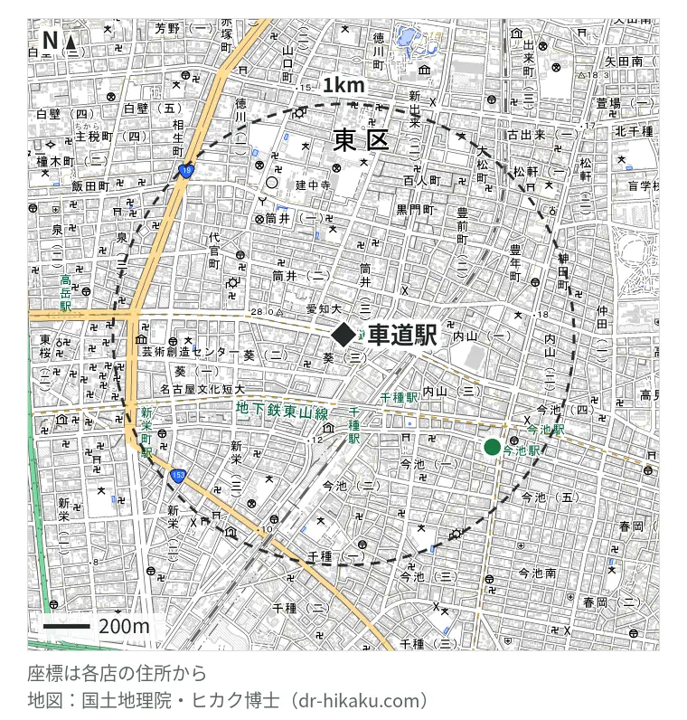 車道駅周辺（1km以内）のiPhone修理店 1店の位置図：ダイワンテレコム 名古屋今池ガスビル店 805m