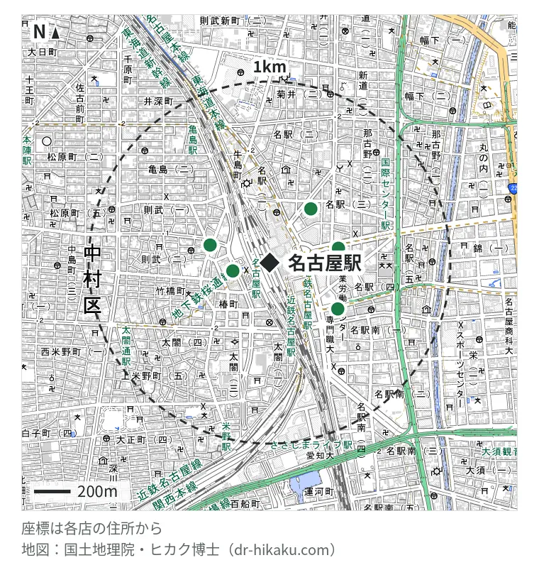 名古屋駅周辺（1km以内）のiPhone修理店 6店の位置図：iCrackedStore ハンズ名古屋 98m、モバイル修理救急便 名古屋駅エスカ地下街店 110m、スマホ修理王 名古屋駅前店 211m、スマホ修理のクイック 愛知 名古屋店 231m、フォンドクター 名古屋駅西口店 263m、スマホスピタル 名古屋駅前 334m