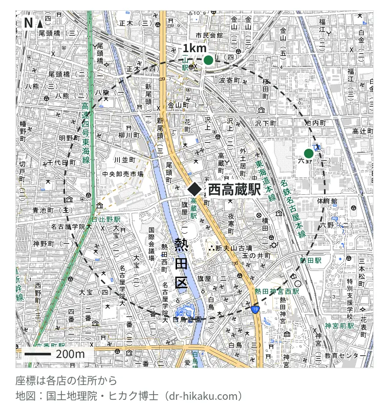 西高蔵駅周辺（1km以内）のiPhone修理店 2店の位置図：スマートクール イオンモール熱田店 913m、モバイル修理救急便 名古屋金山駅前店 991m