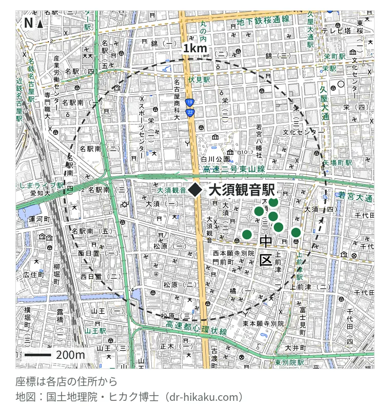 大須観音駅周辺（1km以内）のiPhone修理店 6店の位置図：じゃんぱら 名古屋大須店 514m、スマホ修理王 大須店 523m、じゃんぱら 名古屋大須2号店 603m、RiP MOBILELABONAGOYA 629m、じゃんぱら 名古屋OSU301店 696m、ロジックマジック 833m